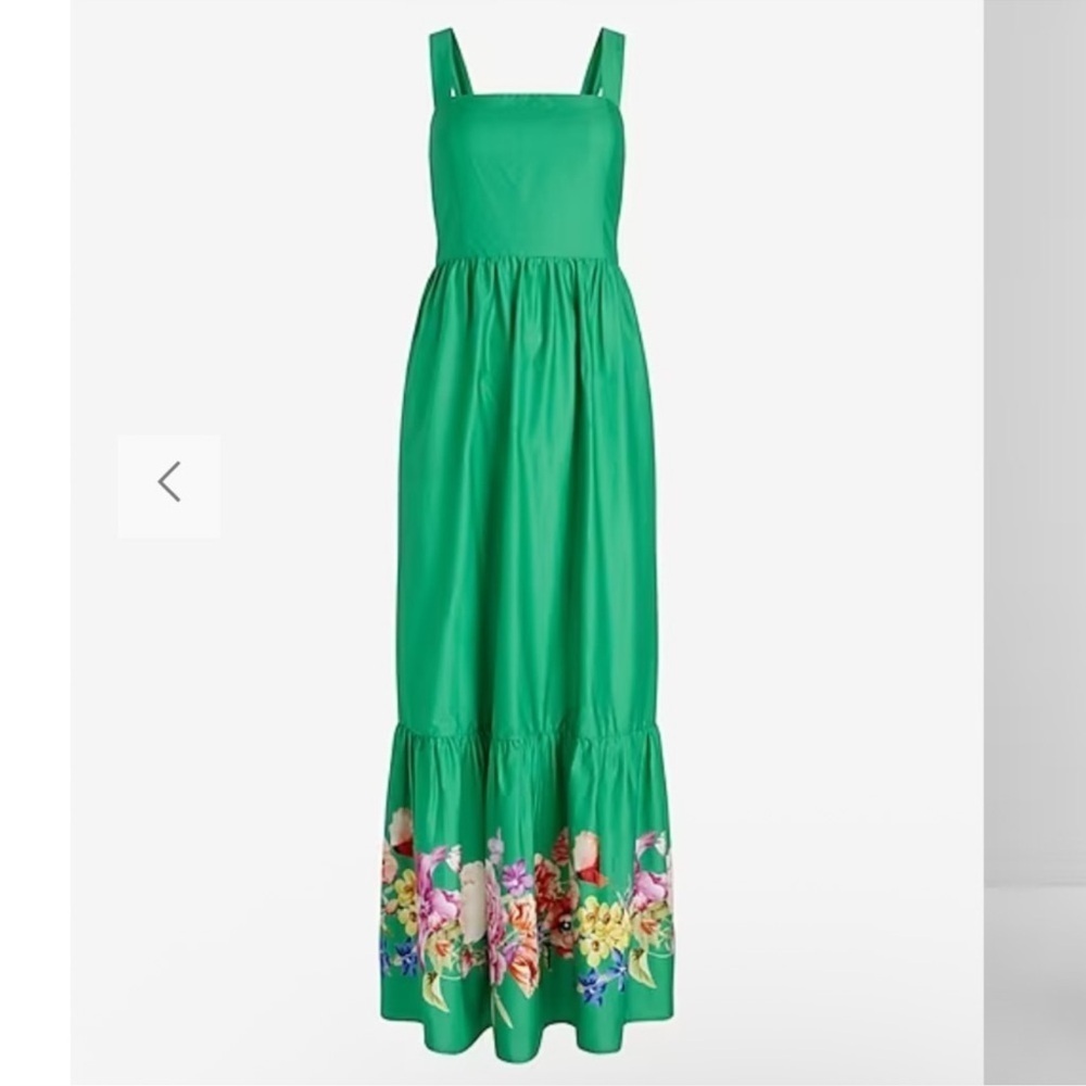 Express | Floral Square Neck Bow Back Tiered Maxi Dress | Kelly Green | size XS